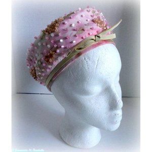 Mid Century Wm Silverman Beaded Pastel Pillbox Hat